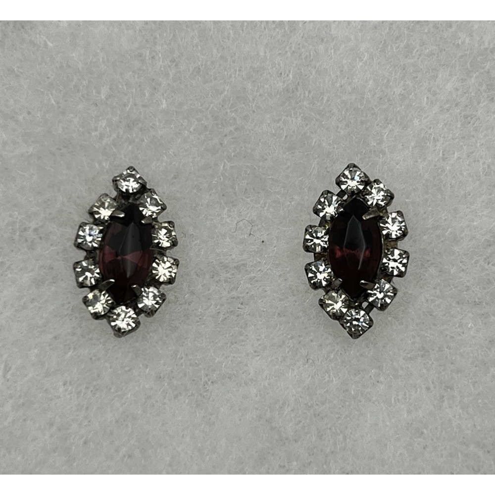Vintage Purple Marquise and Clear Rhinestone Halo Stud Earrings
